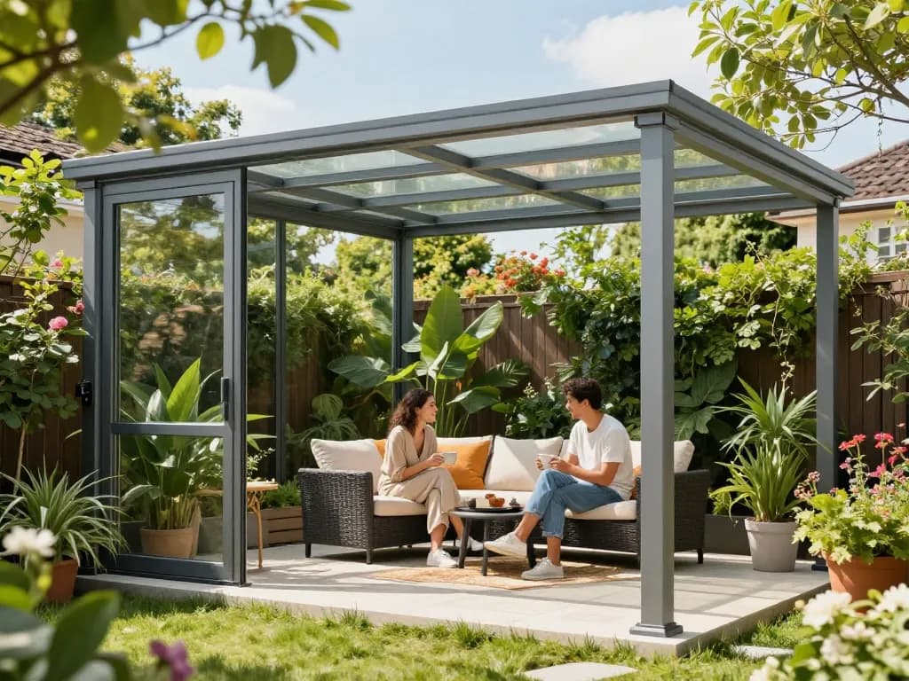 Schöne Aluminium-Terrassenüberdachung, die Schatten für ein Paar bietet, das Kaffee in einem lebhaften Garten genießt.