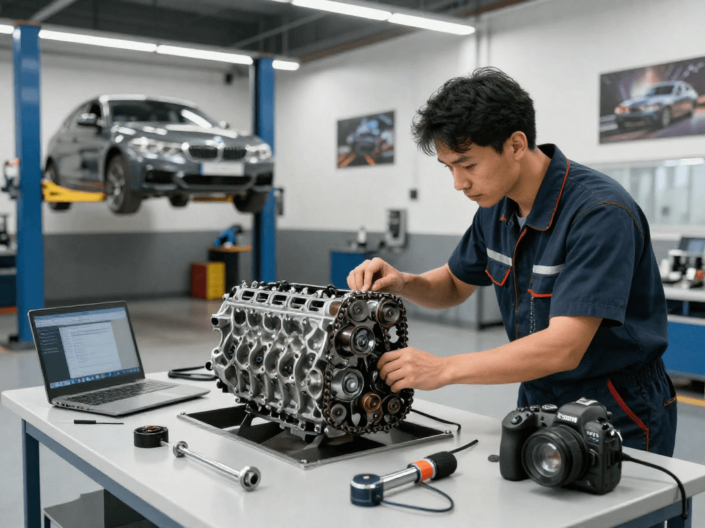 Professioneller Mechaniker prüft den Wechsel der BMW Steuerkette in einer Werkstatt.