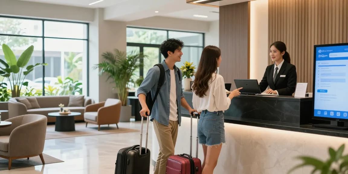 Couple checking in at a hotel lobby, engaging with receptionist, featuring rokok88 login options.