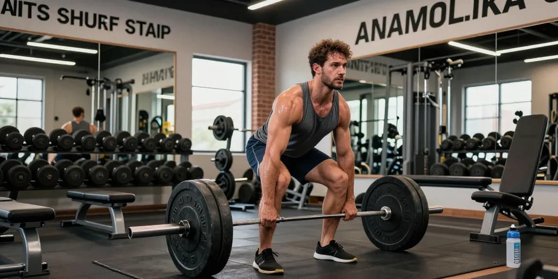 A male bodybuilder training hard in a modern gym, showcasing strength and dedication, highlighting the Anabolika Shop.