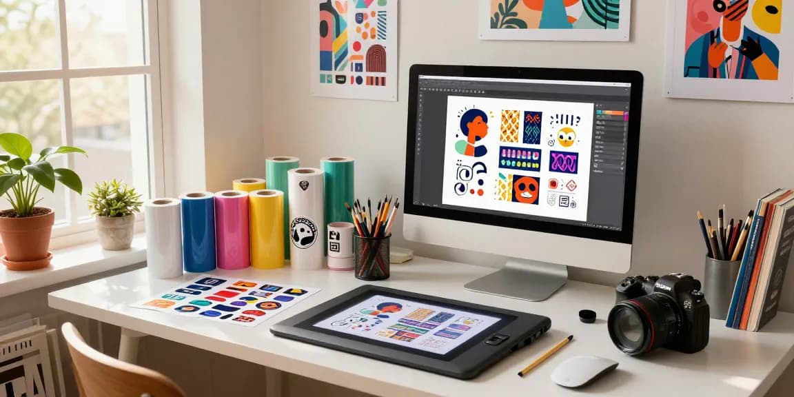 Creative designer producing custom stickers in a vibrant workspace with colorful materials.