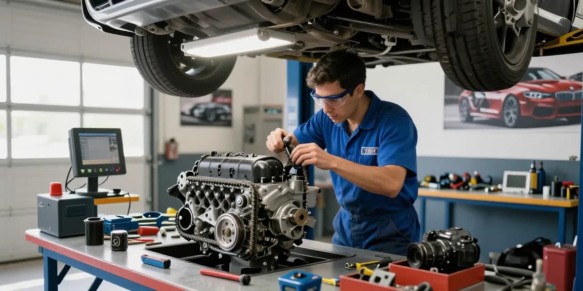 BMW Steuerkette Wechseln Hannover mit einem erfahrenen Mechaniker, der einen Motor inspiziert und Präzision in der Automobilpflege zeigt.
