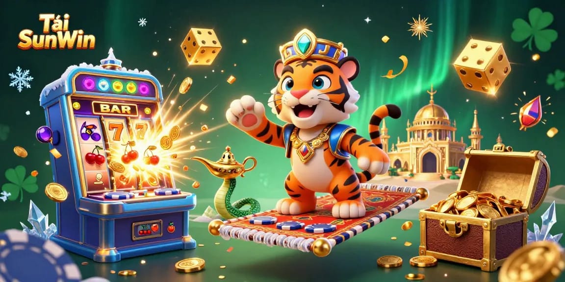 Tải SunWin presents an exciting scene with a tiger sultan, vibrant slots, and festive casino symbols.