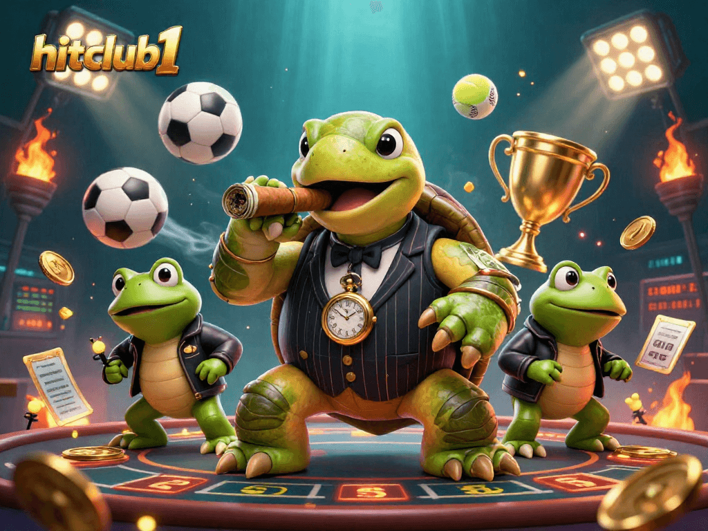 hitclub1 showcases a vibrant casino scene with a turtle mobster and bullfrog enforcers.