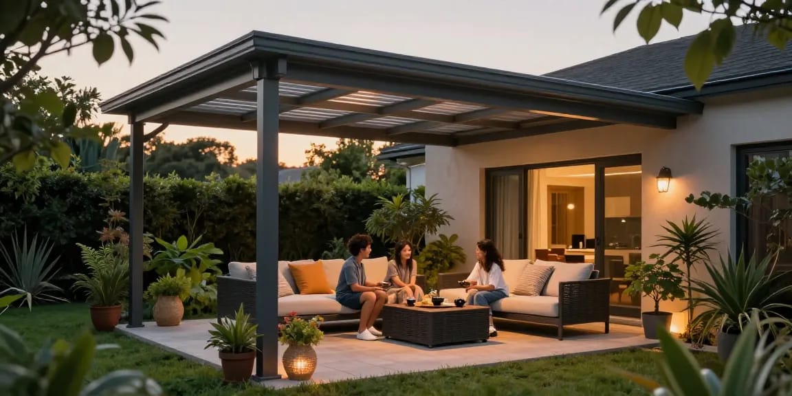 Moderne Terrassenüberdachung mit Familie, die den Abend unter dem Dach genießt, umgeben von Pflanzen.