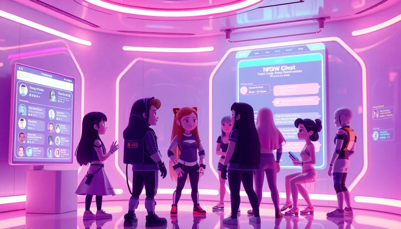 Engaging NSFW chat interface with animated AI characters in a vibrant, futuristic setting.