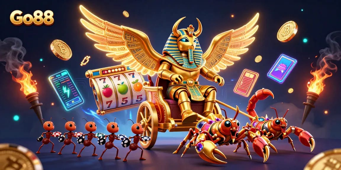Capture the action of Go88 with a golden scarab beetle and jewel-encrusted scorpions winning at slots!