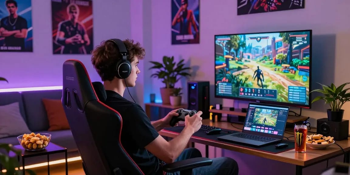 A young gamer immersed in FAFA828 gameplay within a stylish living room, with vibrant LED lighting and snacks nearby.