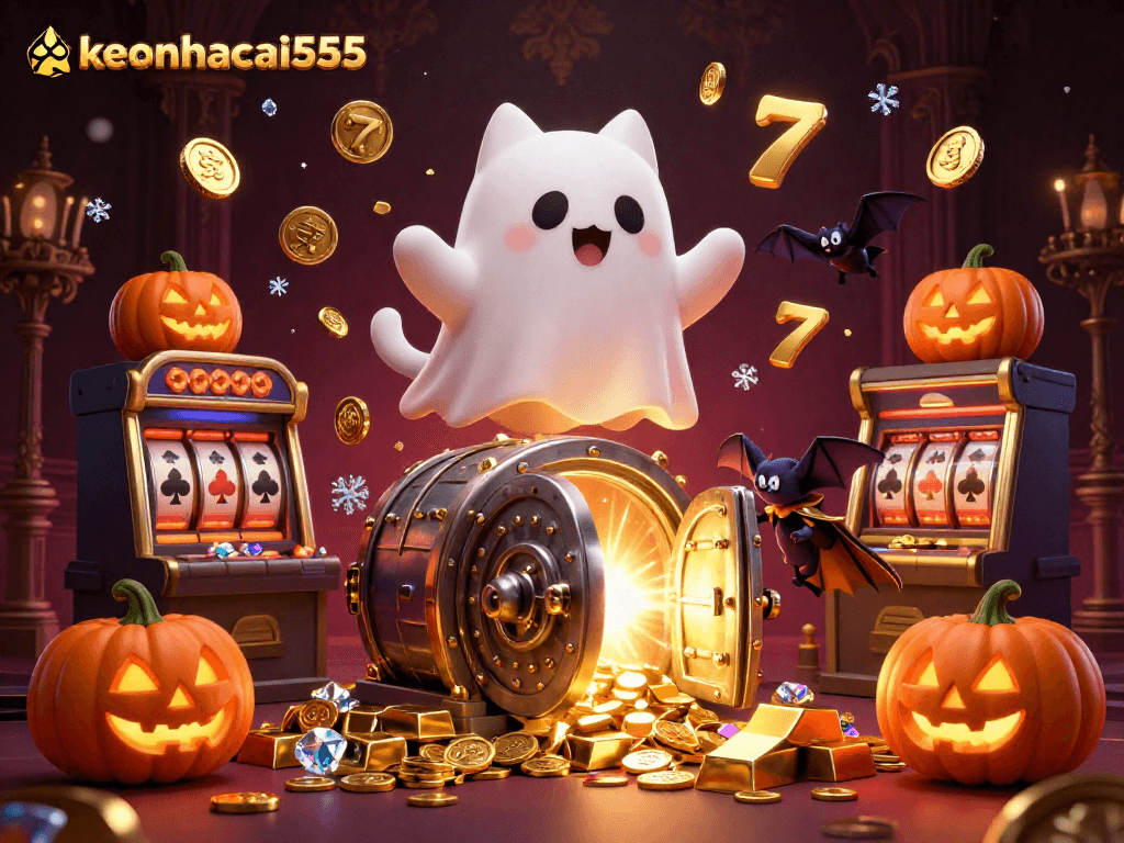 Experience thrilling gaming adventures with keonhacai555 in this vibrant 3D casino scene featuring a ghost cat.