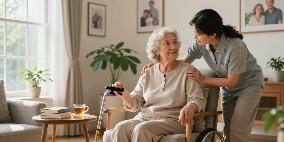 Buy nobility aids for seniors, showcasing a woman in a cozy home setting with mobility support and caregiver assistance.