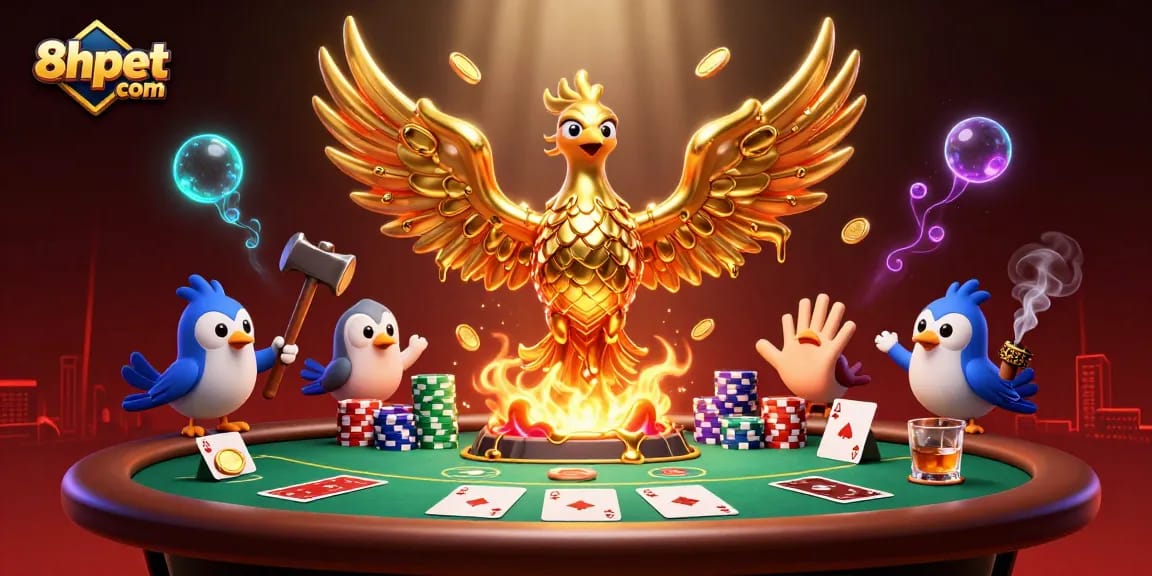 Engage in thrilling betting at 8xbet com with golden phoenix and poker elements in vibrant casino scene.