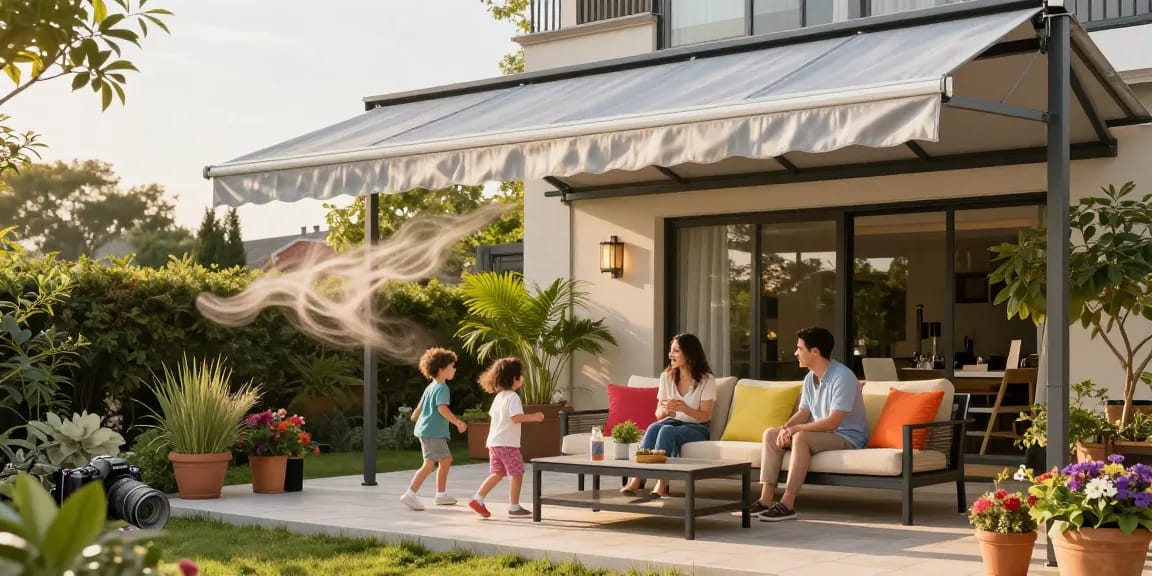 Moderne Terrassenüberdachungen in einem sonnigen Garten mit Familie