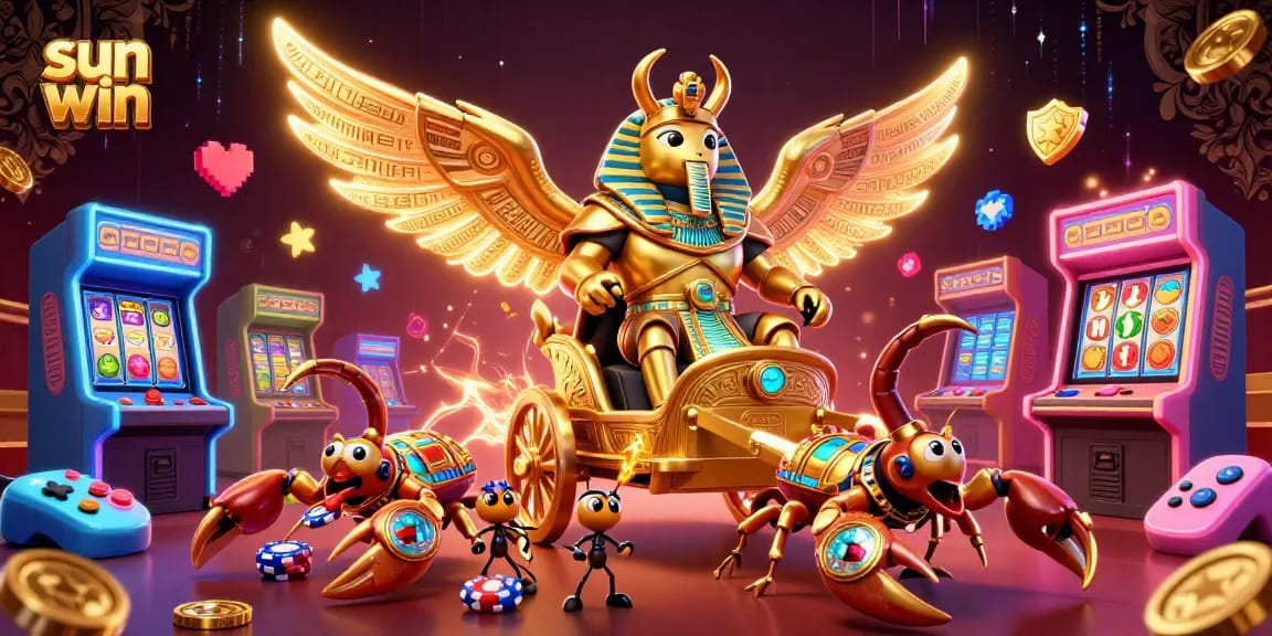 Join the excitement with sun win's colossal scarab beetle and jewel-encrusted scorpions in this vibrant casino scene.