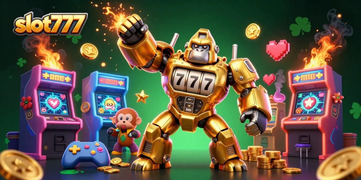 Experience thrilling wins with slot777 - a golden gorilla mech adds fun to jackpot gaming.