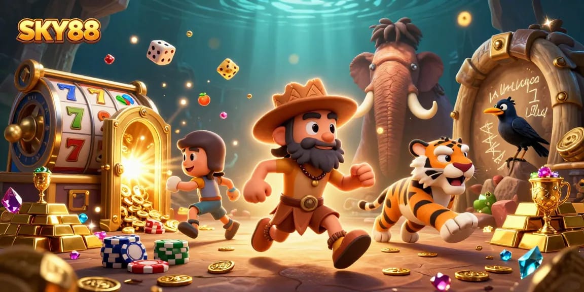 SKY88 offers thrilling 3D casino excitement with caveman and sabertooth characters.
