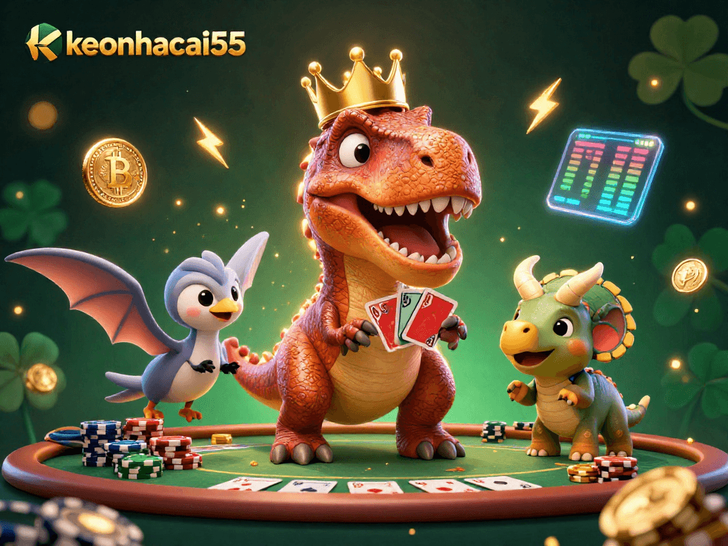 Engage with keonhacai55's exciting poker scene featuring cartoon dinosaurs in a vibrant casino.