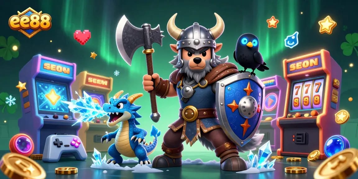 Experience thrilling gaming action with ee88, where a Viking wolf warrior battles alongside a fierce dragon in a dynamic casino scene.