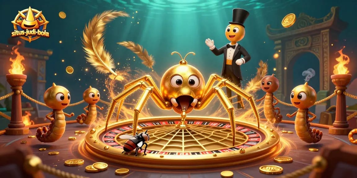 Engage in thrilling bets at situs-judi-bola with a golden roulette web and lively characters.