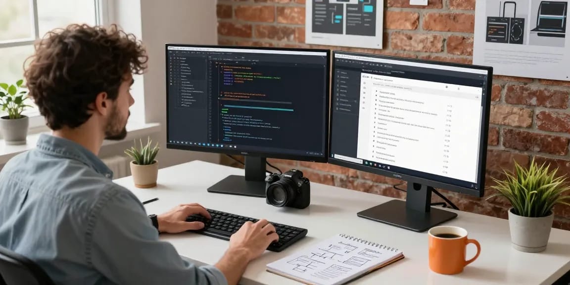 Build internal tools with AI in a modern workspace, showcasing a developer at a dual-monitor setup, coding and planning.
