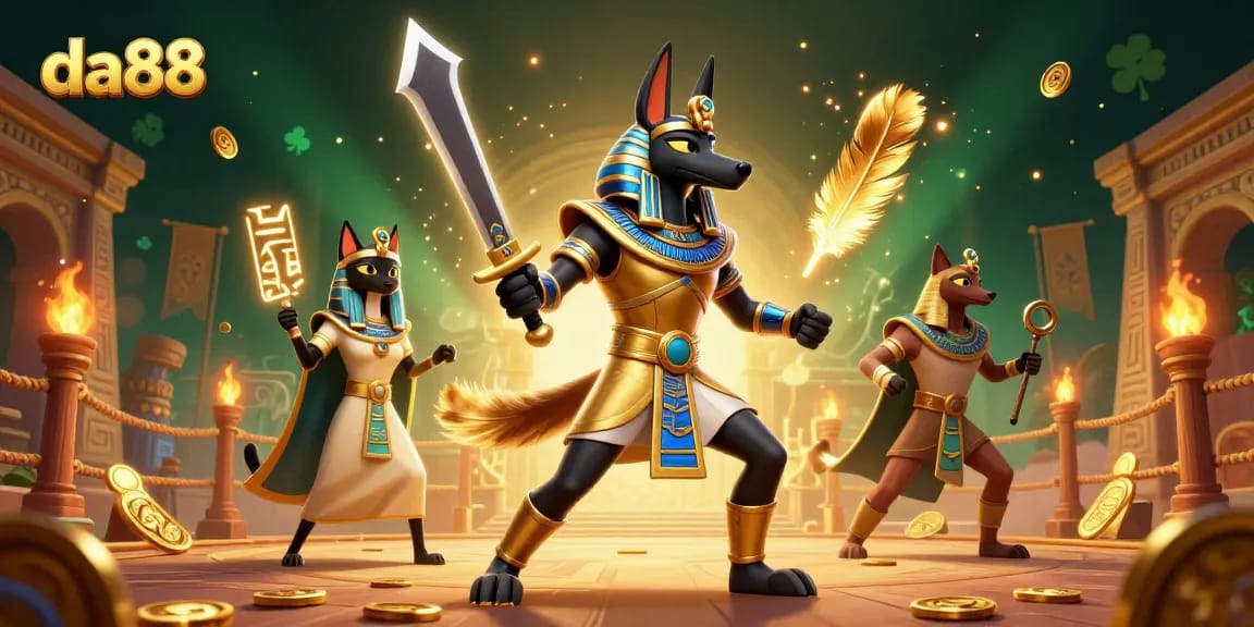Engage with da88's dynamic atmosphere featuring Anubis and Bastet amidst golden treasures.