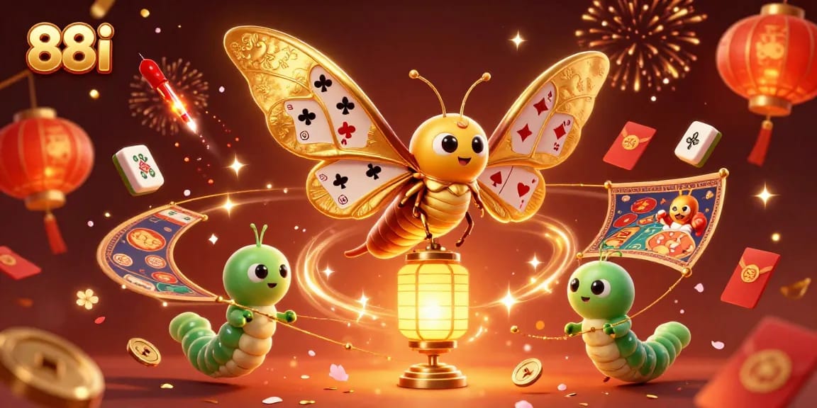 Experience the vibrant energy of 88i casino with a dazzling illustration of a moth and festive elements.