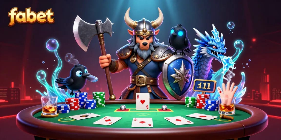 Engage with fabet's thrilling poker experience featuring poker tables, vibrant chips, and dynamic characters.