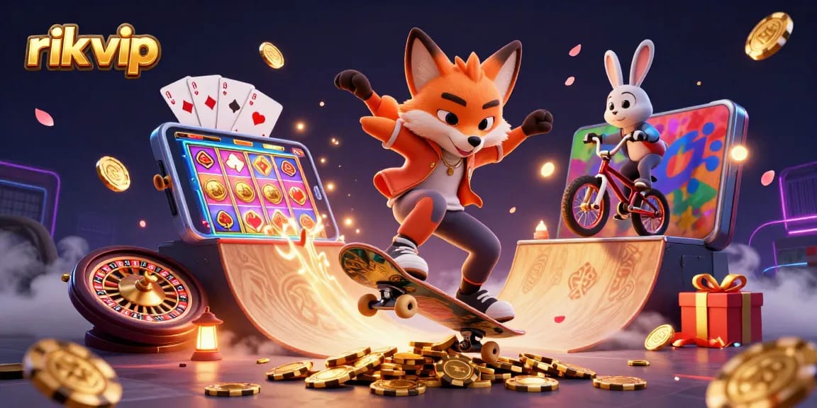 Experience thrilling gameplay with rik vip, as colorful slots, poker chips, and casino symbols light up the scene.