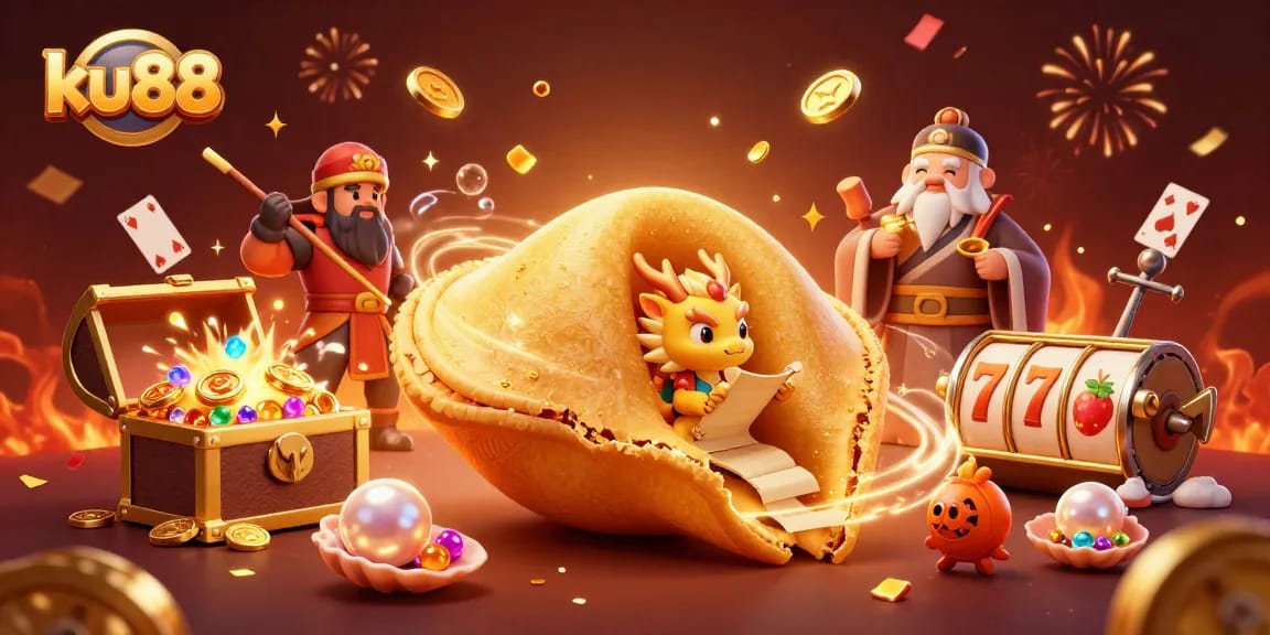 Engage with ku88’s exciting casino world featuring a golden fortune cookie, wise dragon, and vibrant game elements.