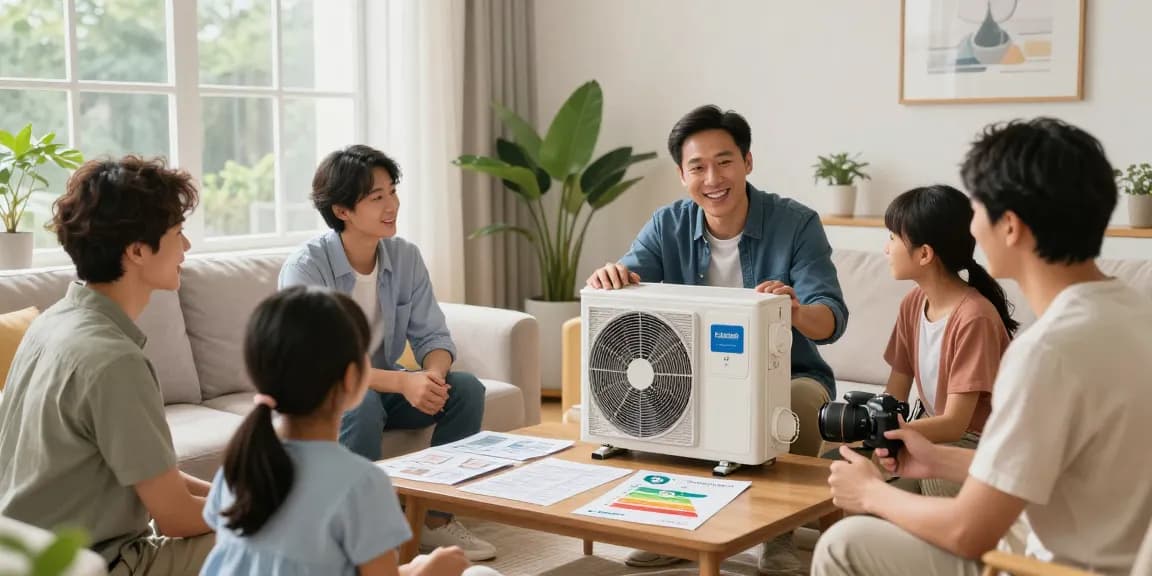 Wärmepumpe kaufen discussion among a family in a cozy living room, highlighting energy efficiency benefits.