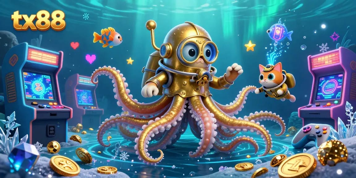 Engage with tx88 through dynamic casino gaming imagery showcasing a kraken and arcade machines.