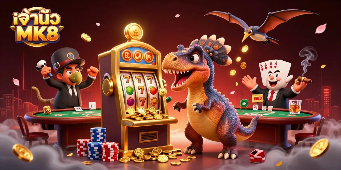 Engage with เจ้ามือ MK8 as a cartoon pachycephalosaurus wins jackpot coins in vivid casino chaos.