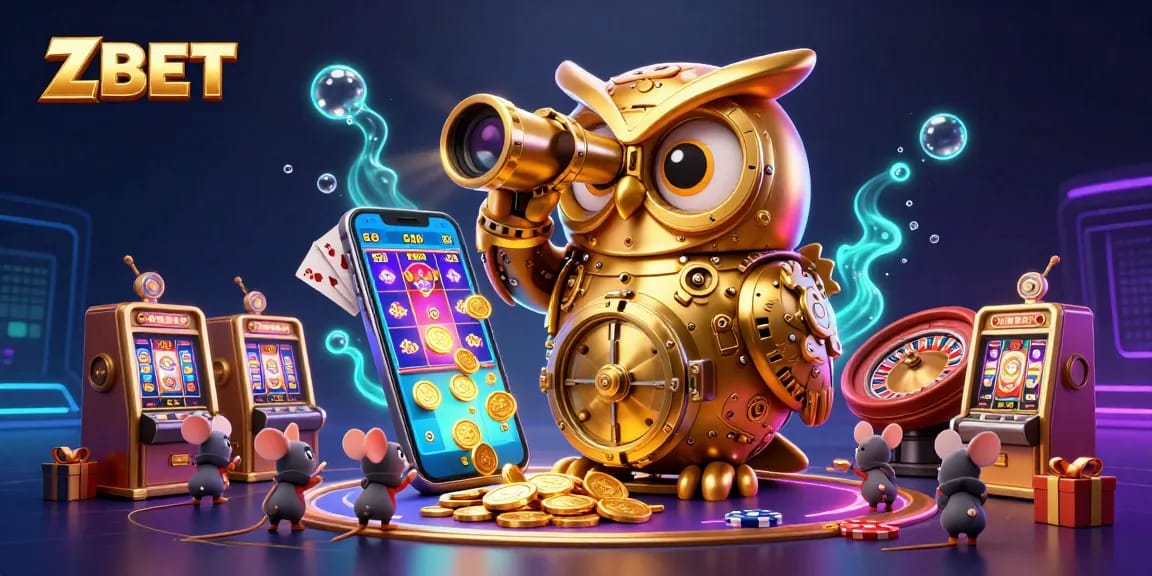 ZBET presents dynamic casino scene with a golden owl and wind-up mice amidst vibrant slot game elements.