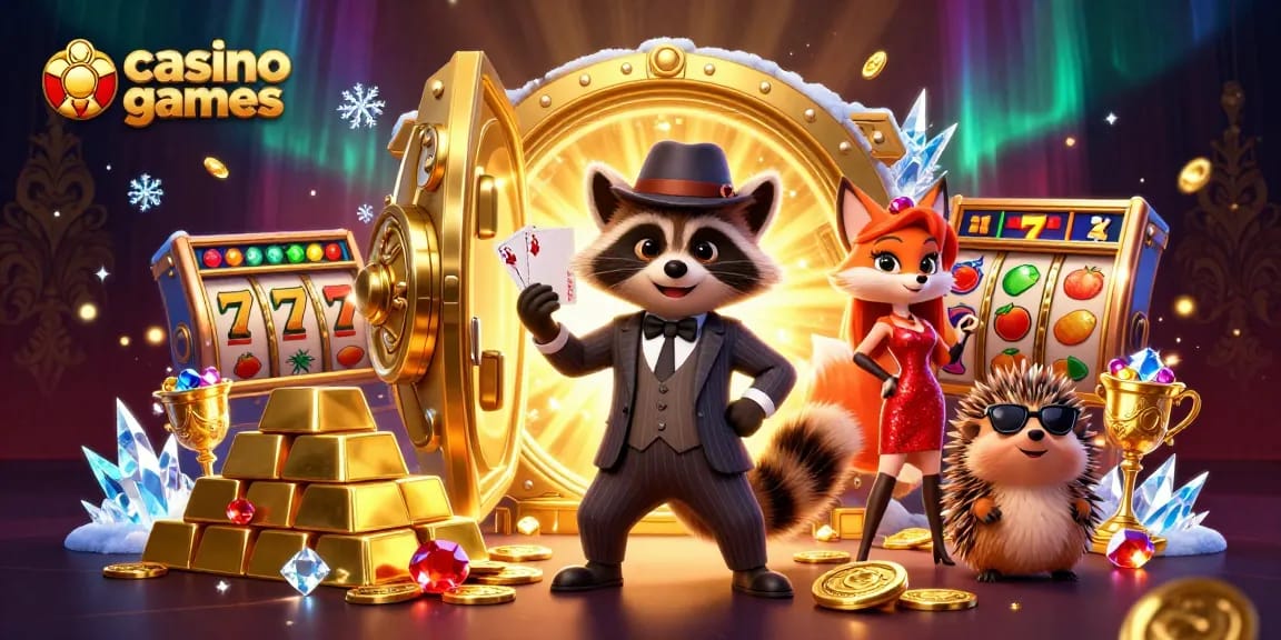Play engaging casino games with a suave raccoon and glamorous fox in an opulent setting.