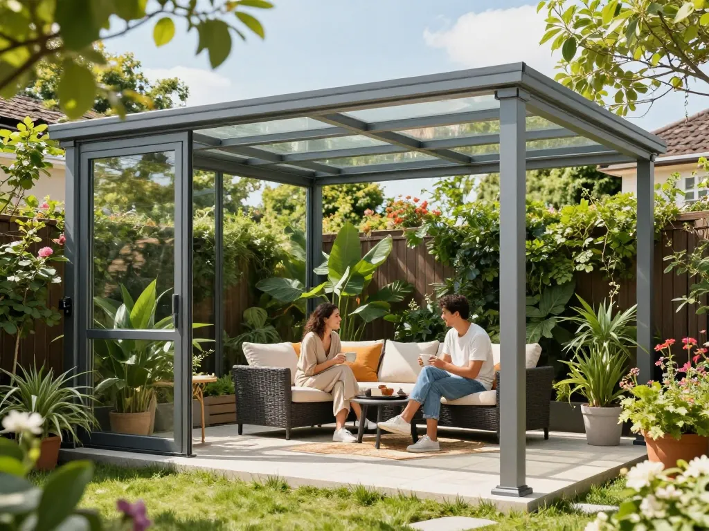 Schöne Aluminium-Terrassenüberdachung, die Schatten für ein Paar bietet, das Kaffee in einem lebhaften Garten genießt.