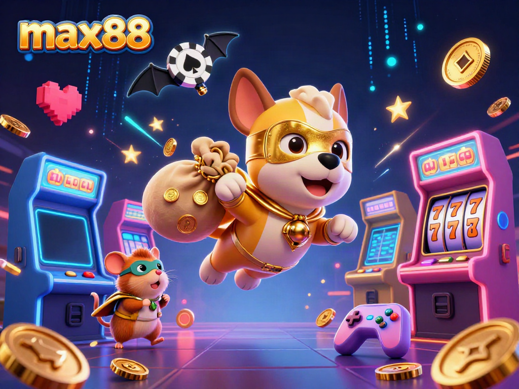 max88 casino adventure with cartoon superhero dog and hamster flying through vibrant gaming elements
