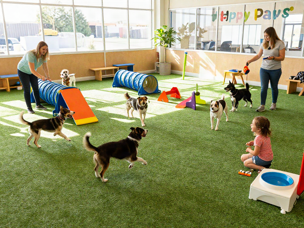 Excited dogs playing at slot88 doggie daycare, showcasing an engaging pet care environment.