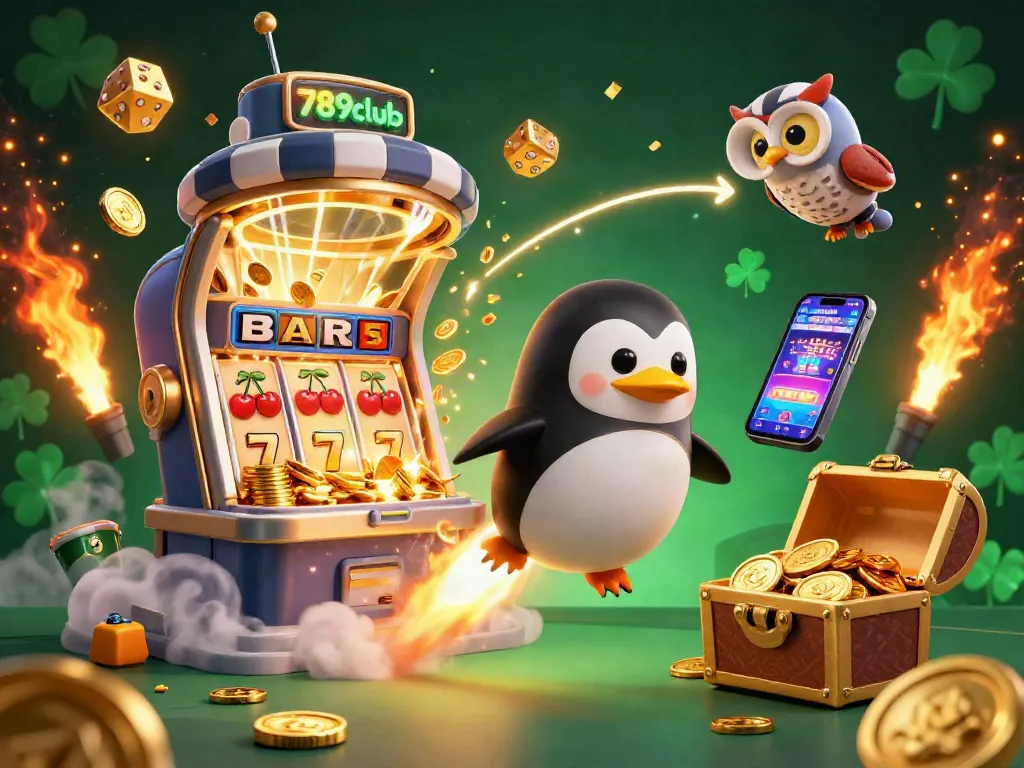 Experience the vibrant world of 789club with a dynamic casino adventure showcasing golden penguin and slot machines.