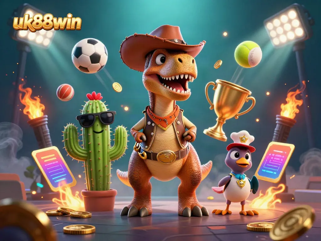 Engage in thrilling sports betting at uk88win with a dynamic cowboy dinosaur scene featuring vibrant elements.