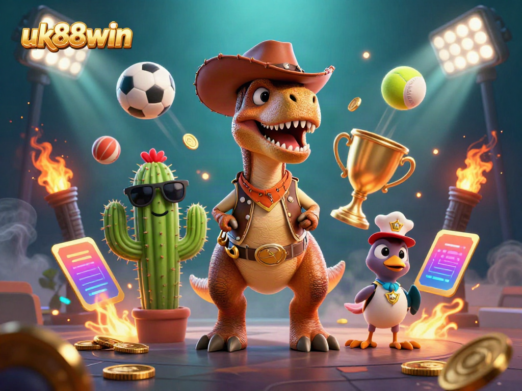 Engage in thrilling sports betting at uk88win with a dynamic cowboy dinosaur scene featuring vibrant elements.