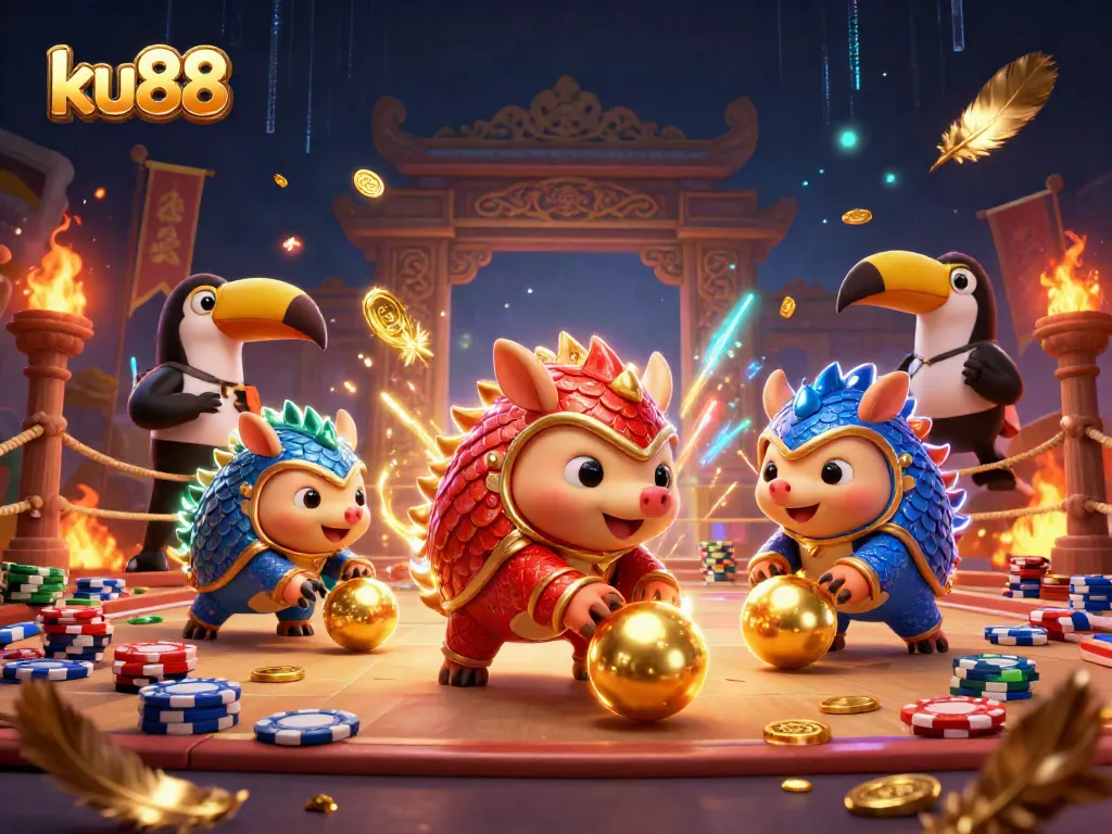 ku88 pangolins competing amidst golden chips and vibrant casino elements, showcasing an exciting scene