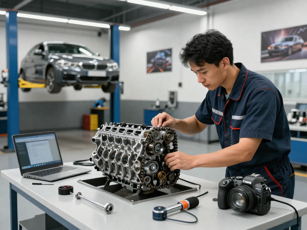 Professioneller Mechaniker prüft den Wechsel der BMW Steuerkette in einer Werkstatt.
