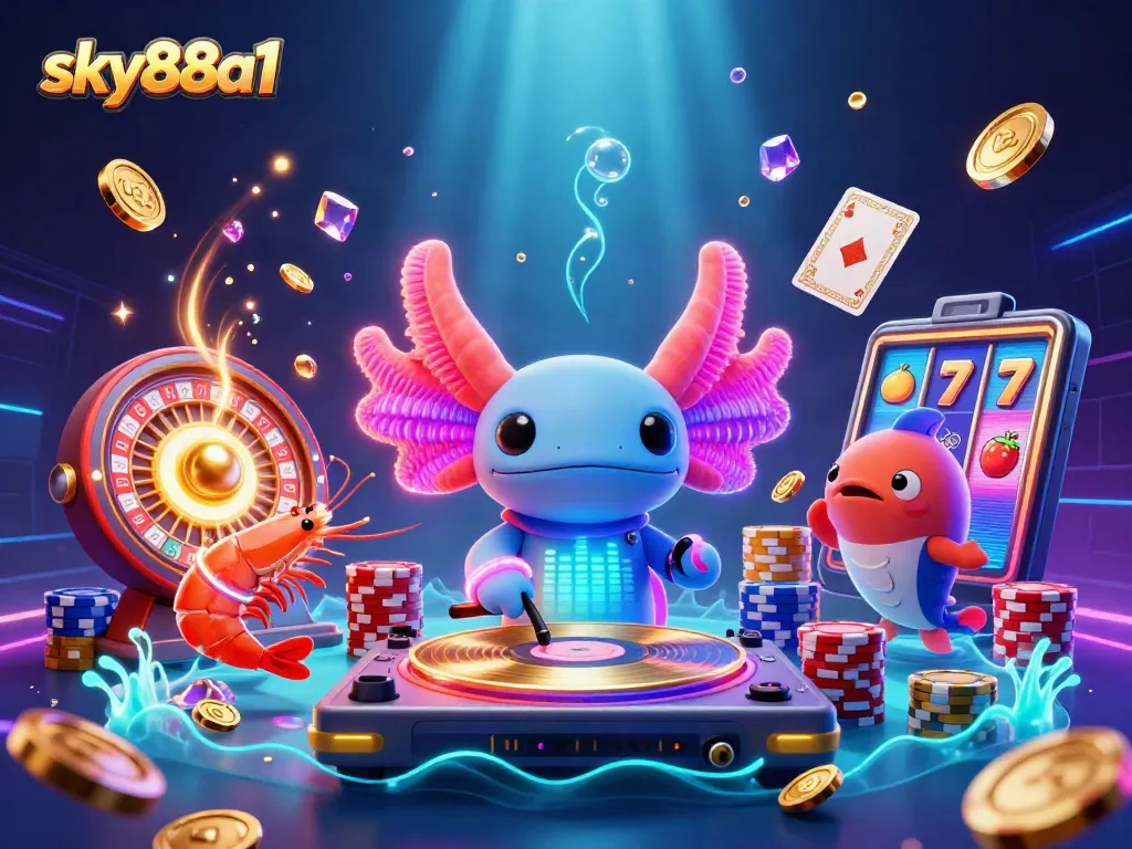 Spin and win at sky88a1 with vibrant casino-themed underwater illustration featuring DJ axolotl.
