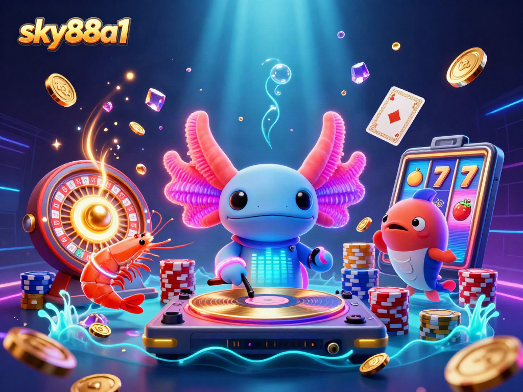 Spin and win at sky88a1 with vibrant casino-themed underwater illustration featuring DJ axolotl.