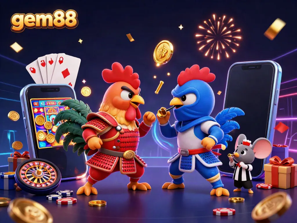 Experience thrilling moments at gem88 with a dramatic rooster showdown, featuring vibrant gambling elements.