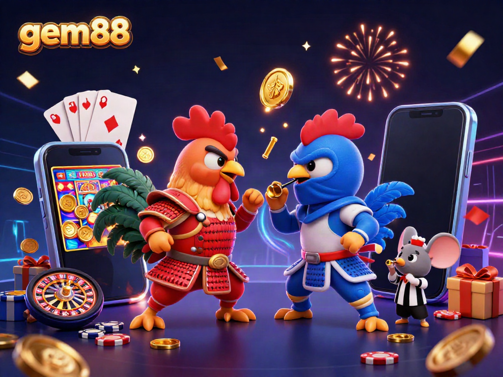 Experience thrilling moments at gem88 with a dramatic rooster showdown, featuring vibrant gambling elements.
