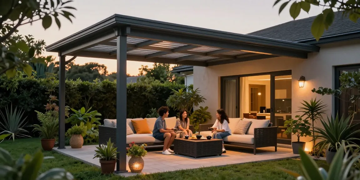 Moderne Terrassenüberdachung mit Familie, die den Abend unter dem Dach genießt, umgeben von Pflanzen.