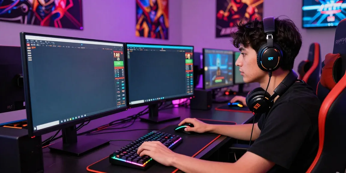 Engaged gamer at dual-monitor setup on ku88 platform, vibrant gaming environment.