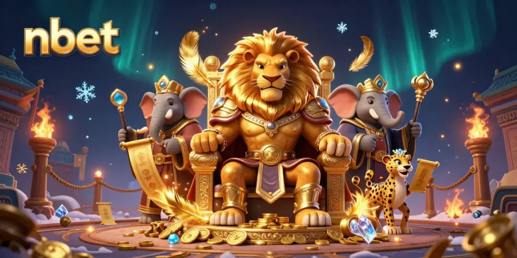 Experience thrilling gameplay with nbet, featuring a regal lion king and vibrant casino atmosphere.