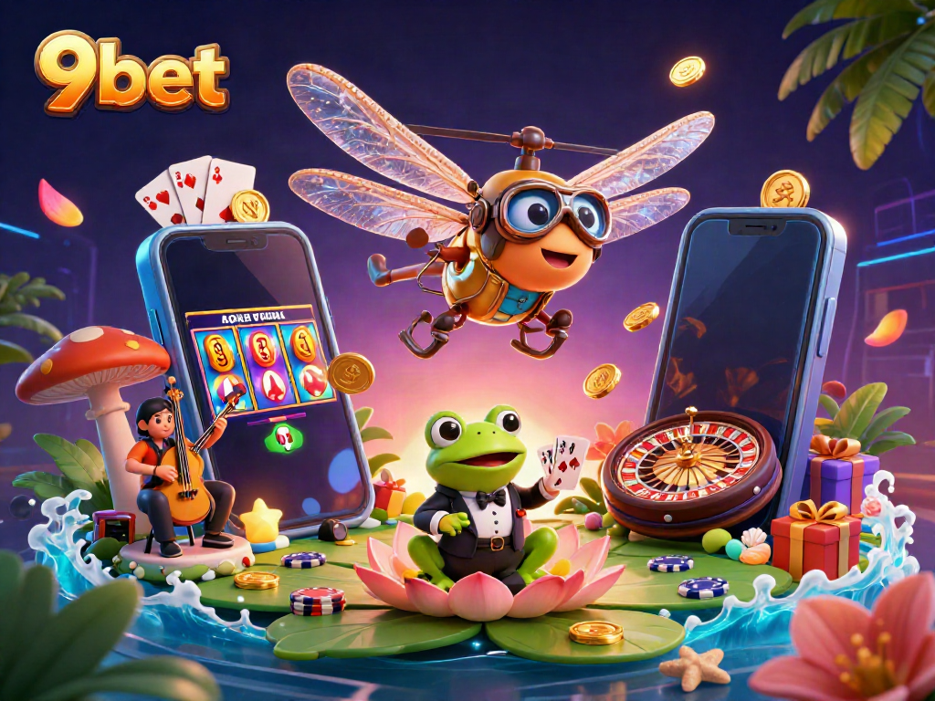 Experience thrilling gameplay at 9bet with a lively casino scene featuring a frog dealer and dynamic characters.