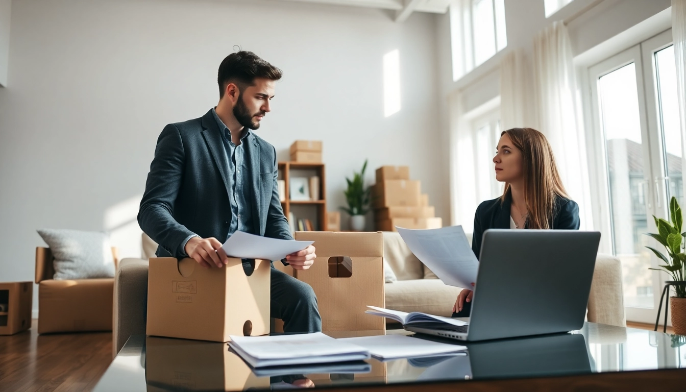 Hausverkauf bei Scheidung - Paar bespricht Immobilienverkauf in modernem Wohnzimmer.